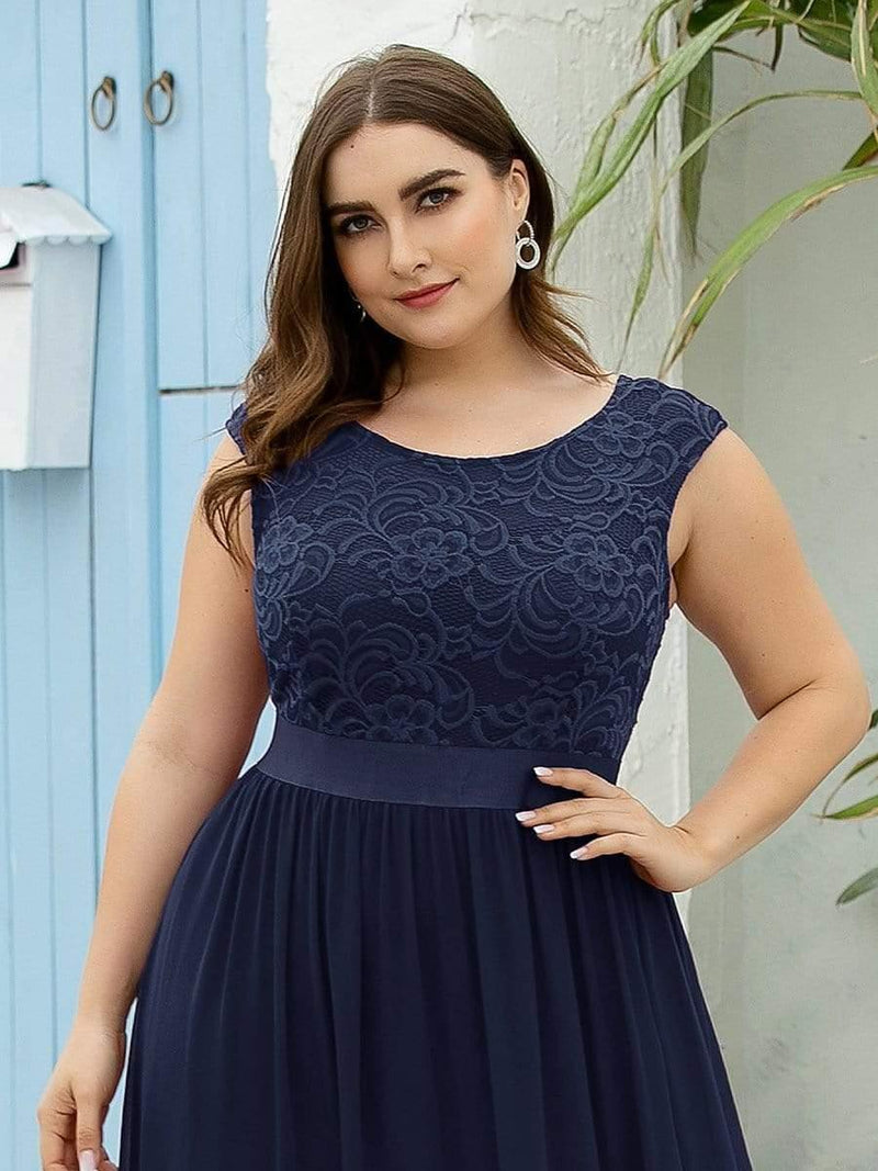 Plus Size Classic Round Neck V Back A-Line Chiffon Bridesmaid Dresses with Lace(Final Sale)