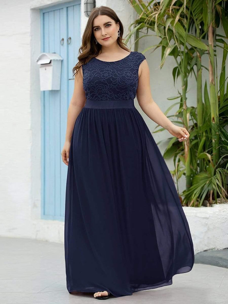 Plus Size Classic Round Neck V Back A-Line Chiffon Bridesmaid Dresses with Lace(Final Sale)