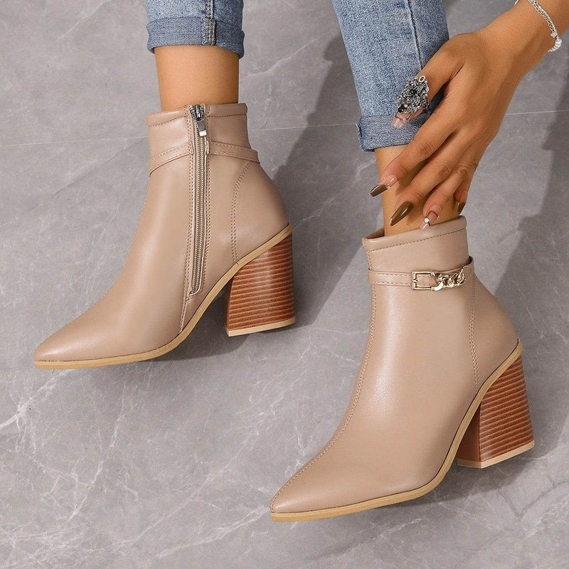 Women's Plus Size Chunky Heel Martin Boots - Side Zipper & Pointed Toe