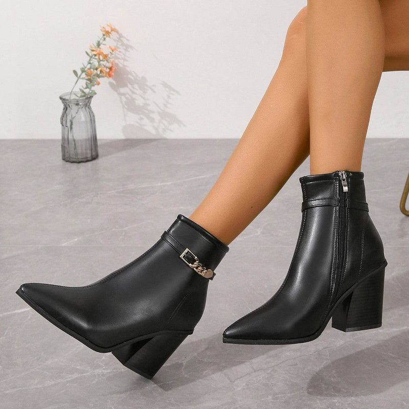 Women's Plus Size Chunky Heel Martin Boots - Side Zipper & Pointed Toe
