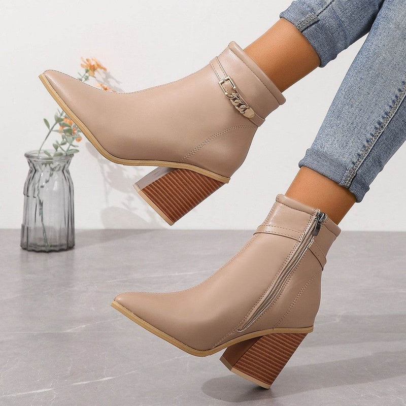 Women's Plus Size Chunky Heel Martin Boots - Side Zipper & Pointed Toe