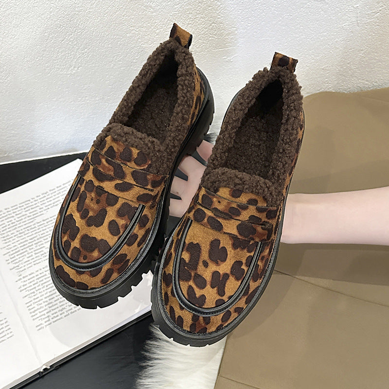 Plus Size Fleece Lined Loafers Leopard Print British Style