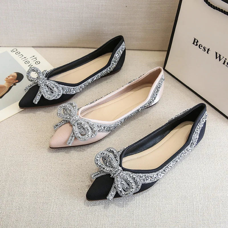 Elegant Rhinestone Bow Ballet Flats | Plus Size Women’s Moccasin Shoes