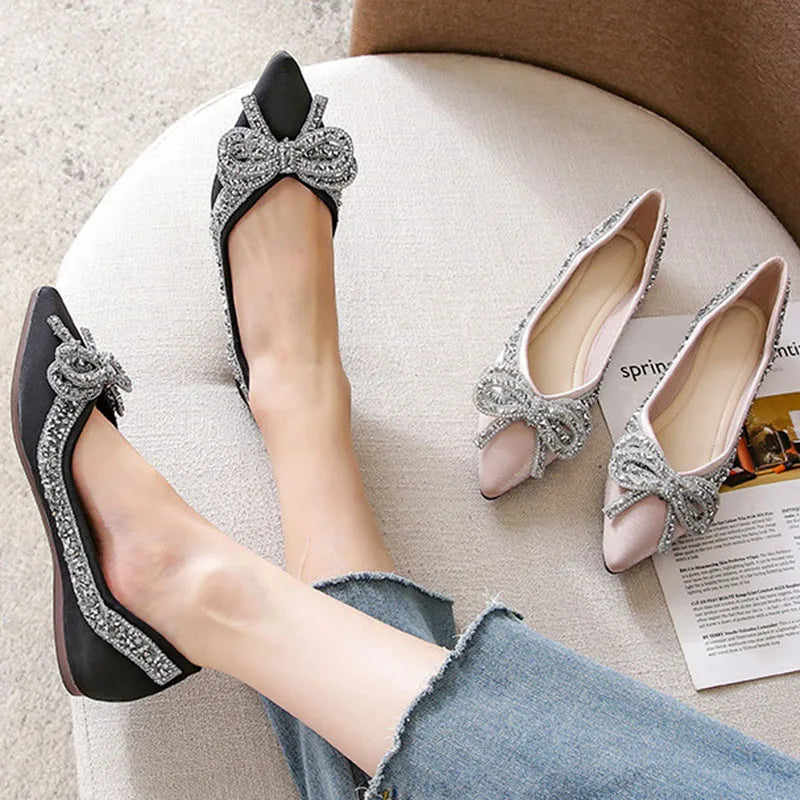Elegant Rhinestone Bow Ballet Flats | Plus Size Women’s Moccasin Shoes