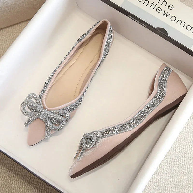Elegant Rhinestone Bow Ballet Flats | Plus Size Women’s Moccasin Shoes