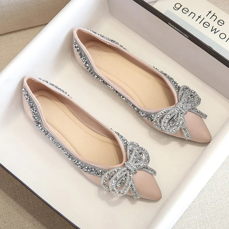 Elegant Rhinestone Bow Ballet Flats | Plus Size Women’s Moccasin Shoes