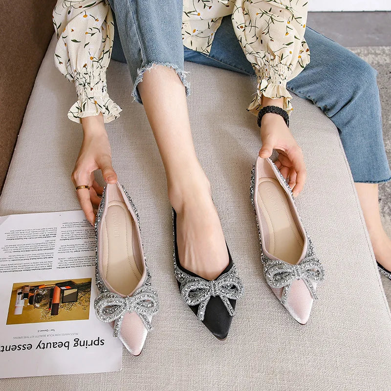 Elegant Rhinestone Bow Ballet Flats | Plus Size Women’s Moccasin Shoes