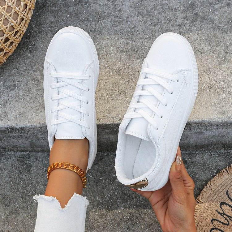 Buycenter Women's Lace-Up Sneakers - Casual White Flats in Plus Sizes