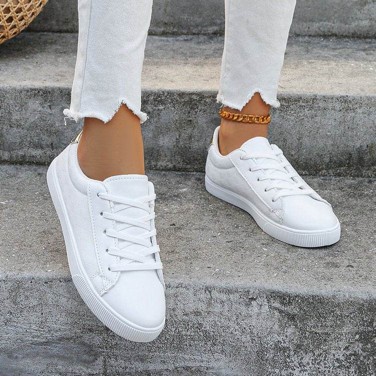 Buycenter Women's Lace-Up Sneakers - Casual White Flats in Plus Sizes
