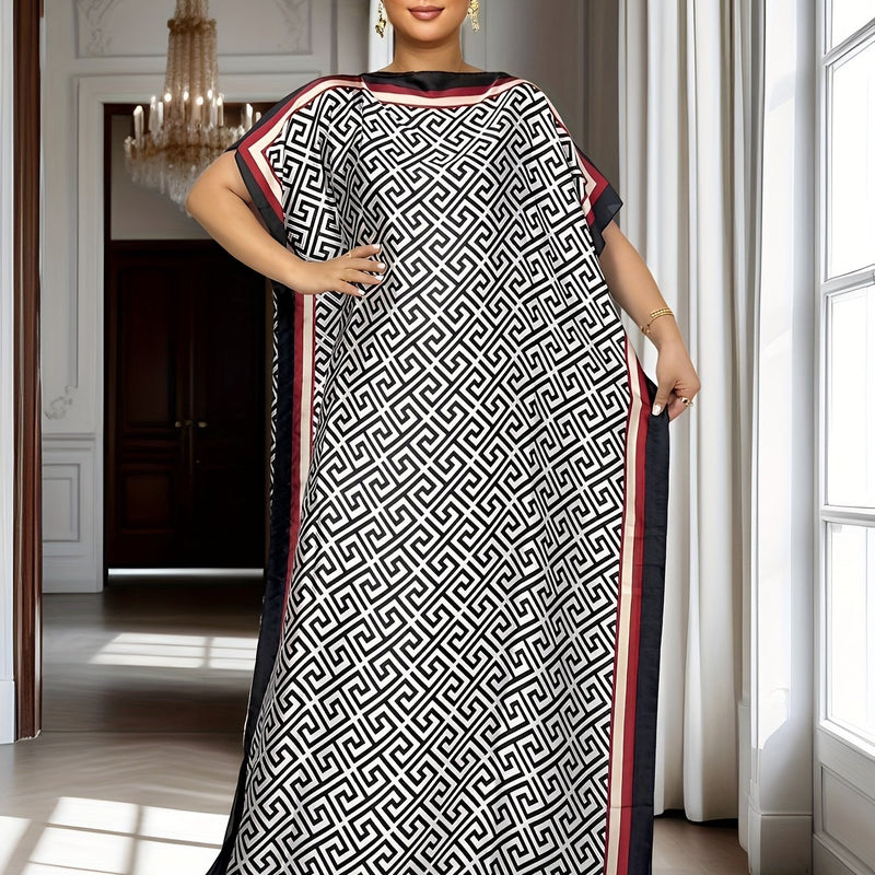 Plus Size Allover Print Kaftan Dress, Elegant Batwing Sleeve Maxi Dress, Women's Plus Size Clothing