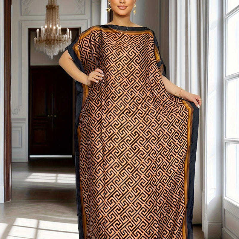 Plus Size Allover Print Kaftan Dress, Elegant Batwing Sleeve Maxi Dress, Women's Plus Size Clothing