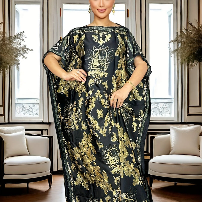 Plus Size Allover Print Kaftan Dress, Elegant Batwing Sleeve Maxi Dress, Women's Plus Size Clothing