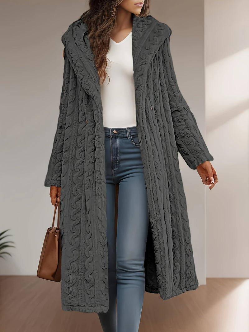 Plus Size Solid Fuzzy Hooded Coat, Warm And Cozy Long Sleeve Open Front Outwear For Fall & Winter, Women's Plus Size Clothing