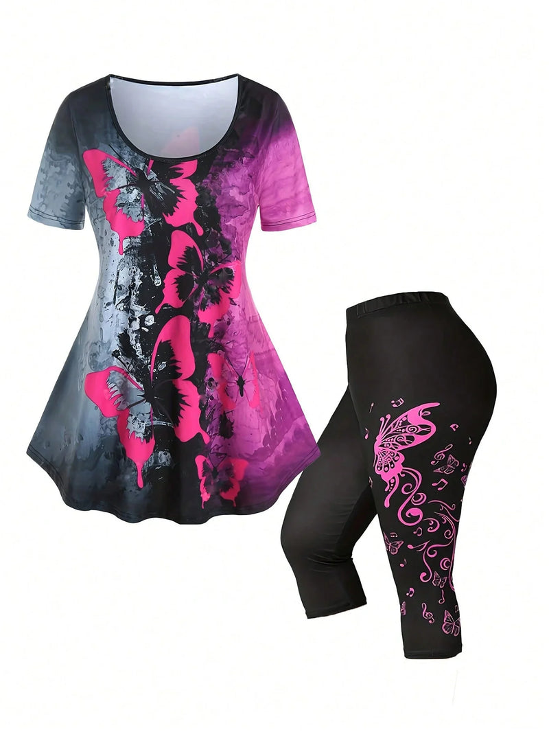 Plus Size Butterfly Print Two-piece Set, Crew Neck Short Sleeve Top & Skinny Capri Pants Outfits, Women's Plus Size Clothing