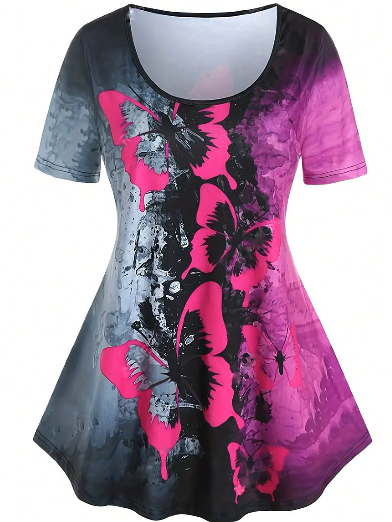 Plus Size Butterfly Print Two-piece Set, Crew Neck Short Sleeve Top & Skinny Capri Pants Outfits, Women's Plus Size Clothing