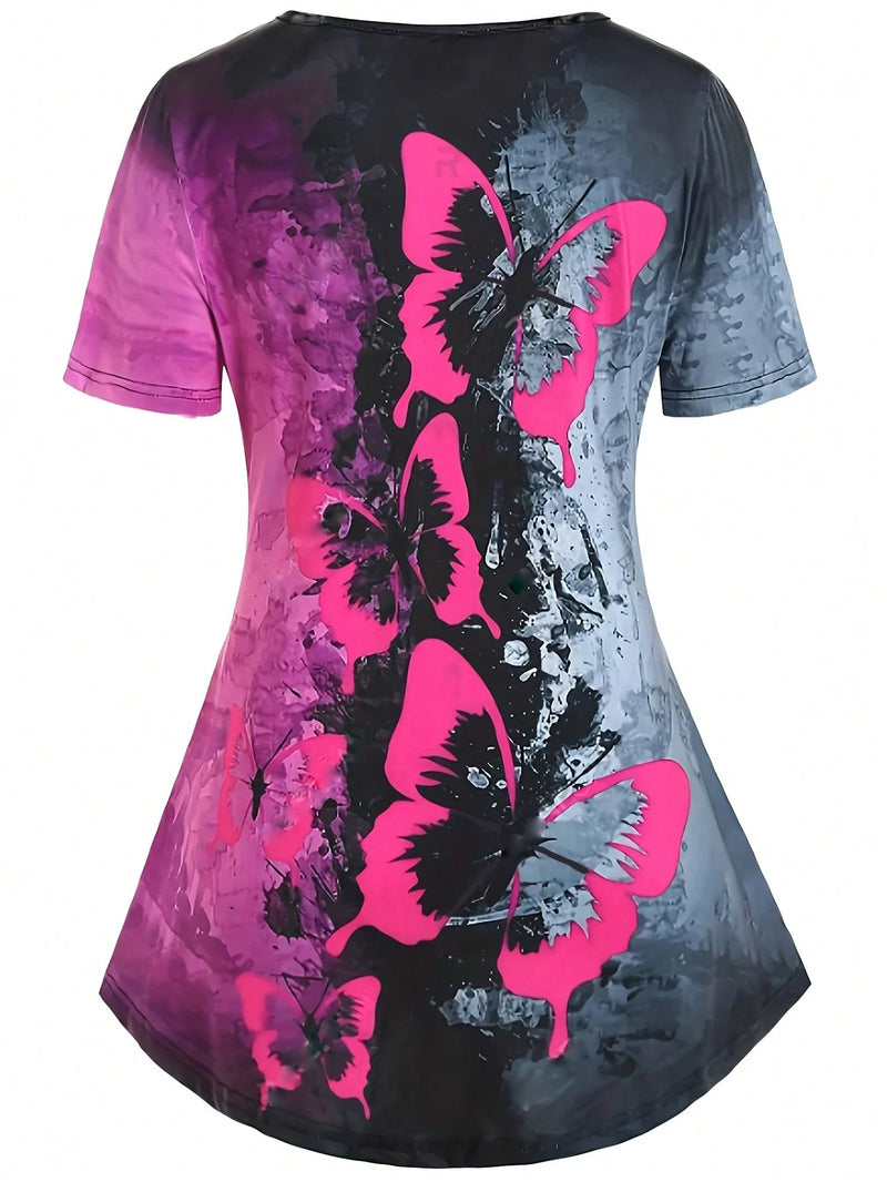 Plus Size Butterfly Print Two-piece Set, Crew Neck Short Sleeve Top & Skinny Capri Pants Outfits, Women's Plus Size Clothing