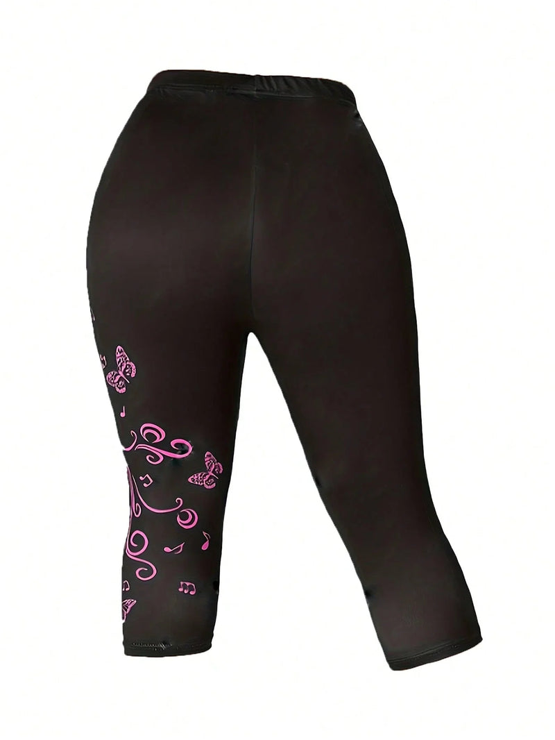 Plus Size Butterfly Print Two-piece Set, Crew Neck Short Sleeve Top & Skinny Capri Pants Outfits, Women's Plus Size Clothing