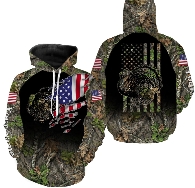 Wild Turkey Hunting Clothes Us Flag Hunting Camo Customize Name 3D All Over Printed Shirts Plus Size Personalized Hunting Gift, Fishing Hoodie