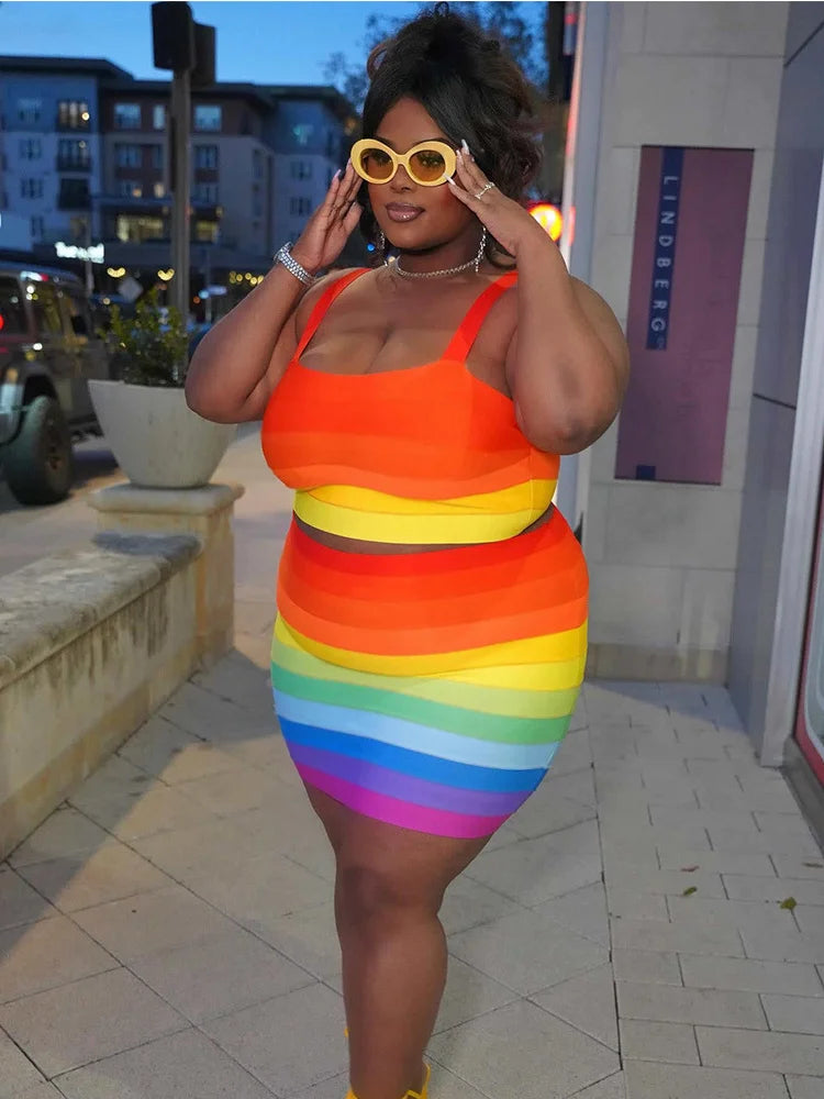 Wmstar Plus Size Dress Sets Womens Clothing Two Piece Set Vest Top and Skirts Striped Summer New Outfits Wholesale Dropshipping