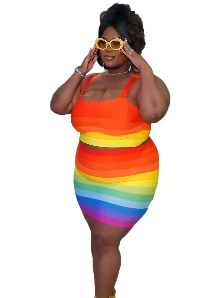 Wmstar Plus Size Dress Sets Womens Clothing Two Piece Set Vest Top and Skirts Striped Summer New Outfits Wholesale Dropshipping