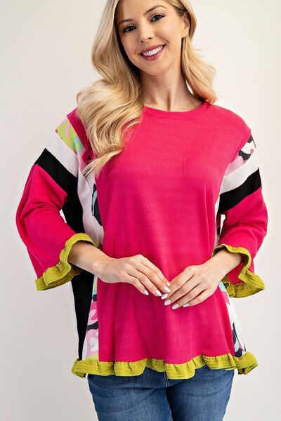 Ruffle Sleeve Color Block Top Plus-Size