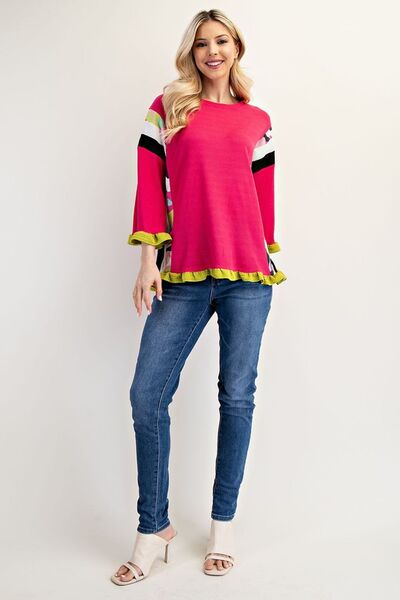 Ruffle Sleeve Color Block Top Plus-Size