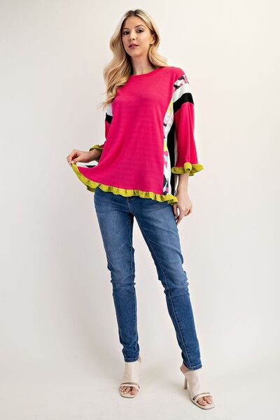 Ruffle Sleeve Color Block Top Plus-Size