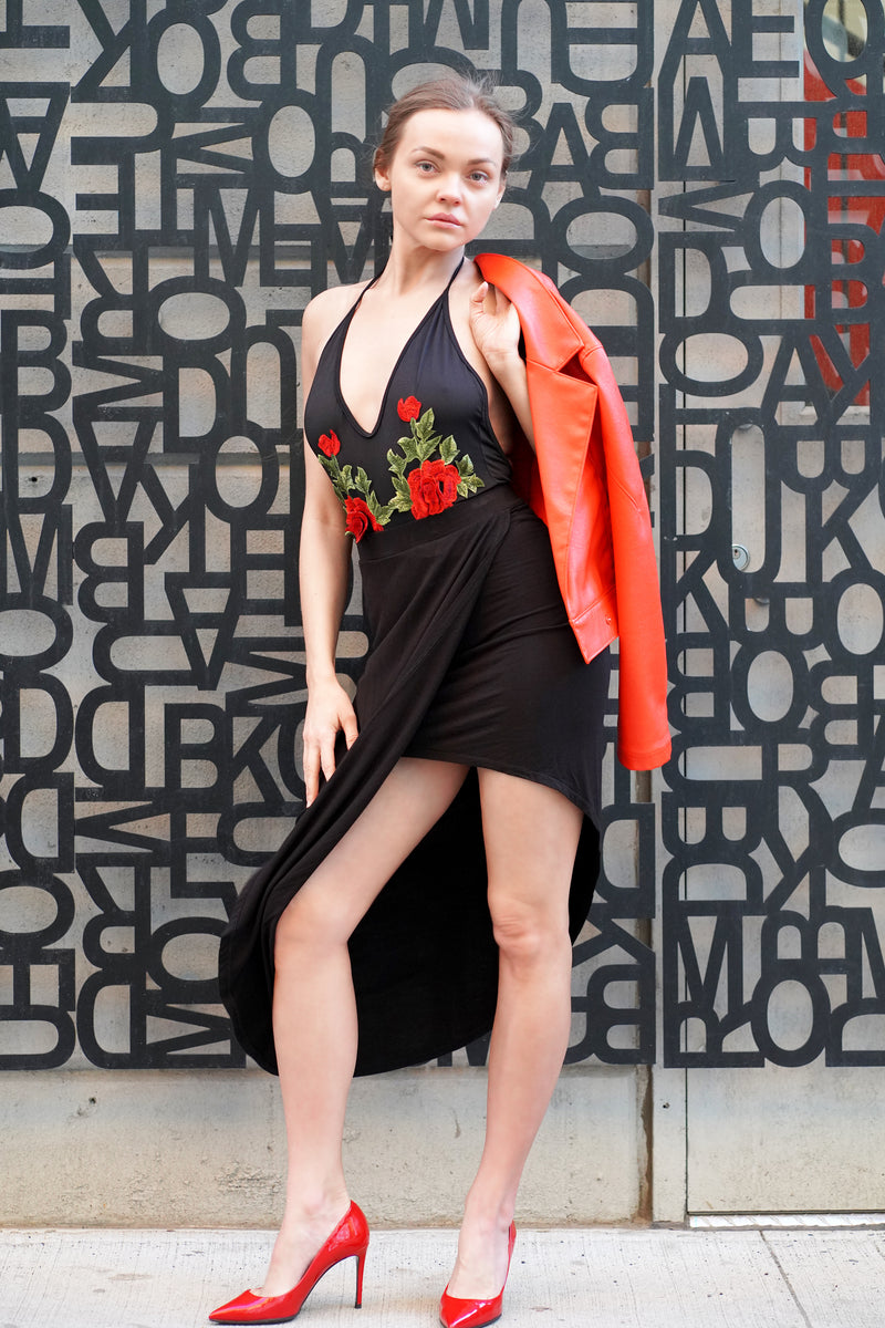 Plunging Backless Bodysuit With Embroidered Appliqué