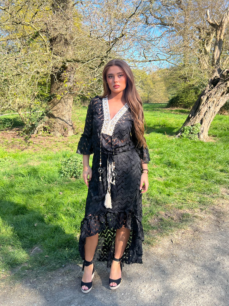 Black Boho Tie Front Embellished Top