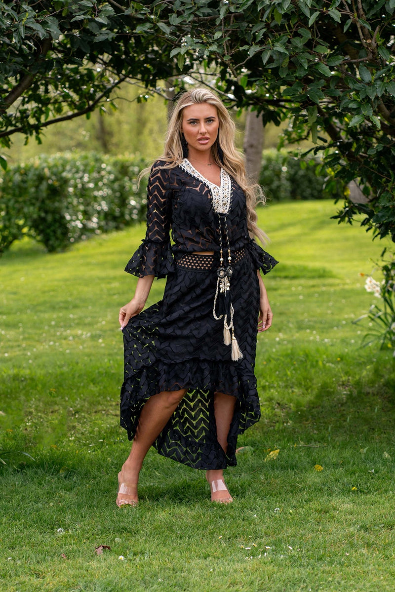Black Boho Tie Front Embellished Top