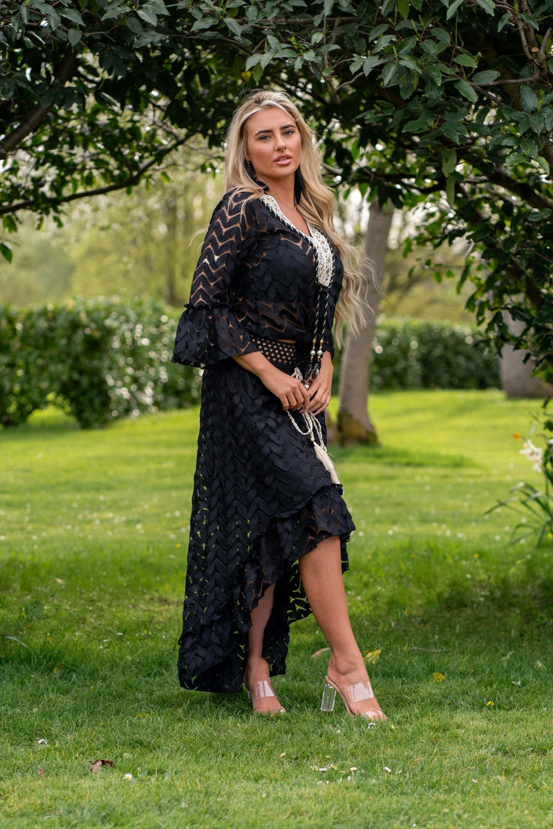 Black Boho Tie Front Embellished Top