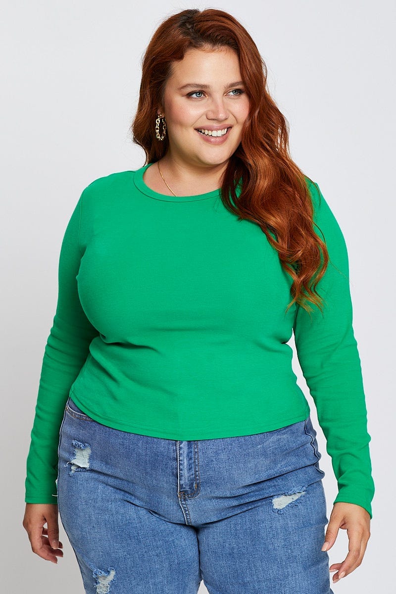 Green Crop T-shirt Crew Neck Long Sleeve Jersey