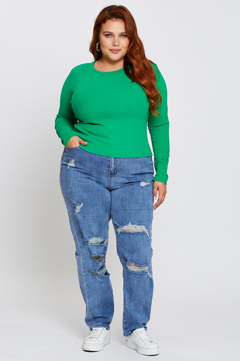 Green Crop T-shirt Crew Neck Long Sleeve Jersey