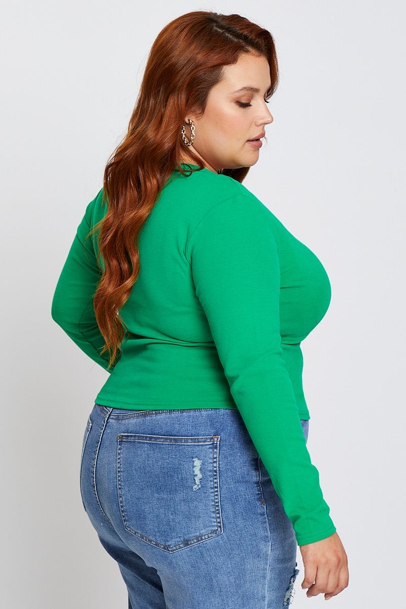 Green Crop T-shirt Crew Neck Long Sleeve Jersey