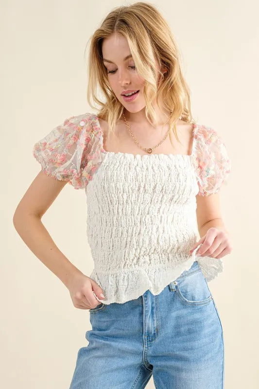 And The Why Falling For You Embellishment Sleeve Smocked Top in Ivory