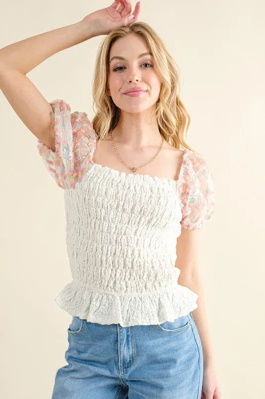 And The Why Falling For You Embellishment Sleeve Smocked Top in Ivory