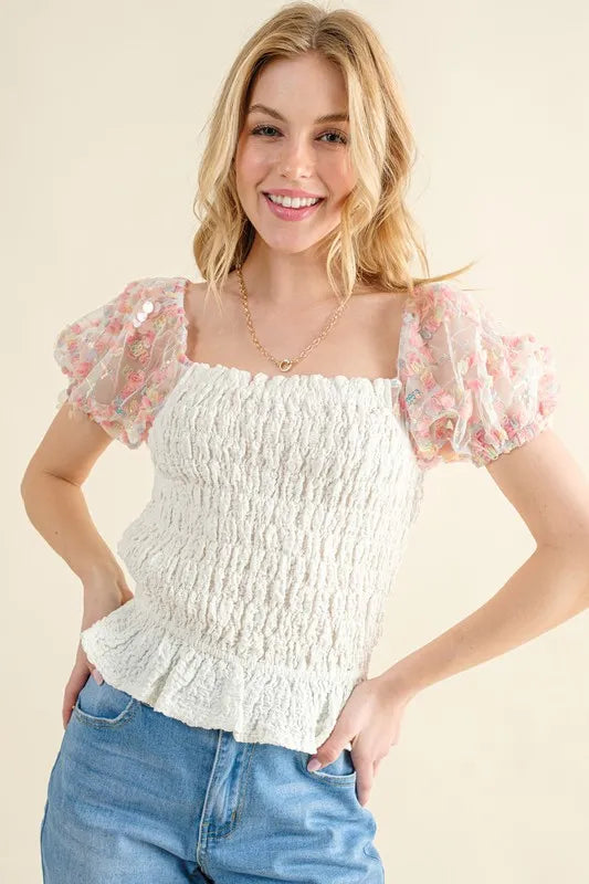 And The Why Falling For You Embellishment Sleeve Smocked Top in Ivory