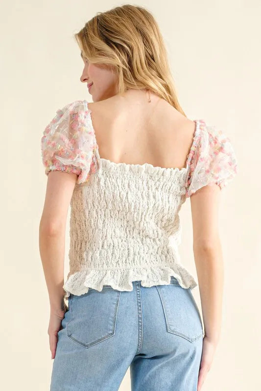 And The Why Falling For You Embellishment Sleeve Smocked Top in Ivory
