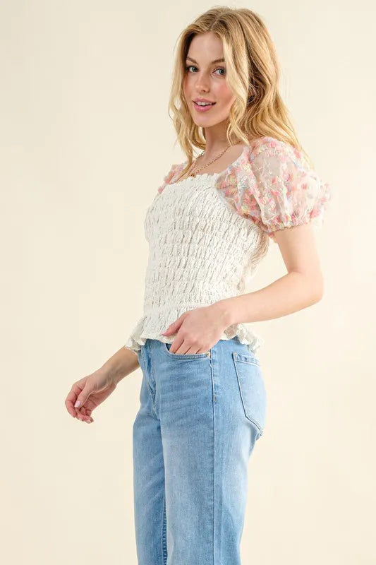 And The Why Falling For You Embellishment Sleeve Smocked Top in Ivory