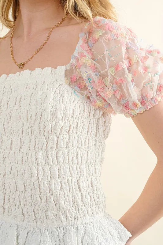 And The Why Falling For You Embellishment Sleeve Smocked Top in Ivory