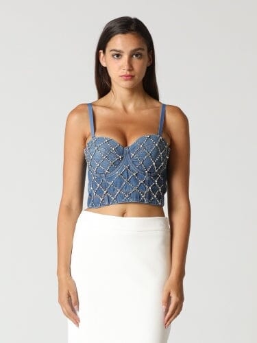 Rhinestone Embellished Denim Bustier Top
