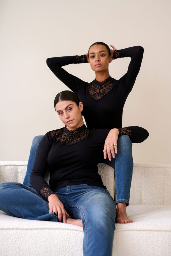 LACE EMBELLISHED BLACK LONG SLEEVE TOP