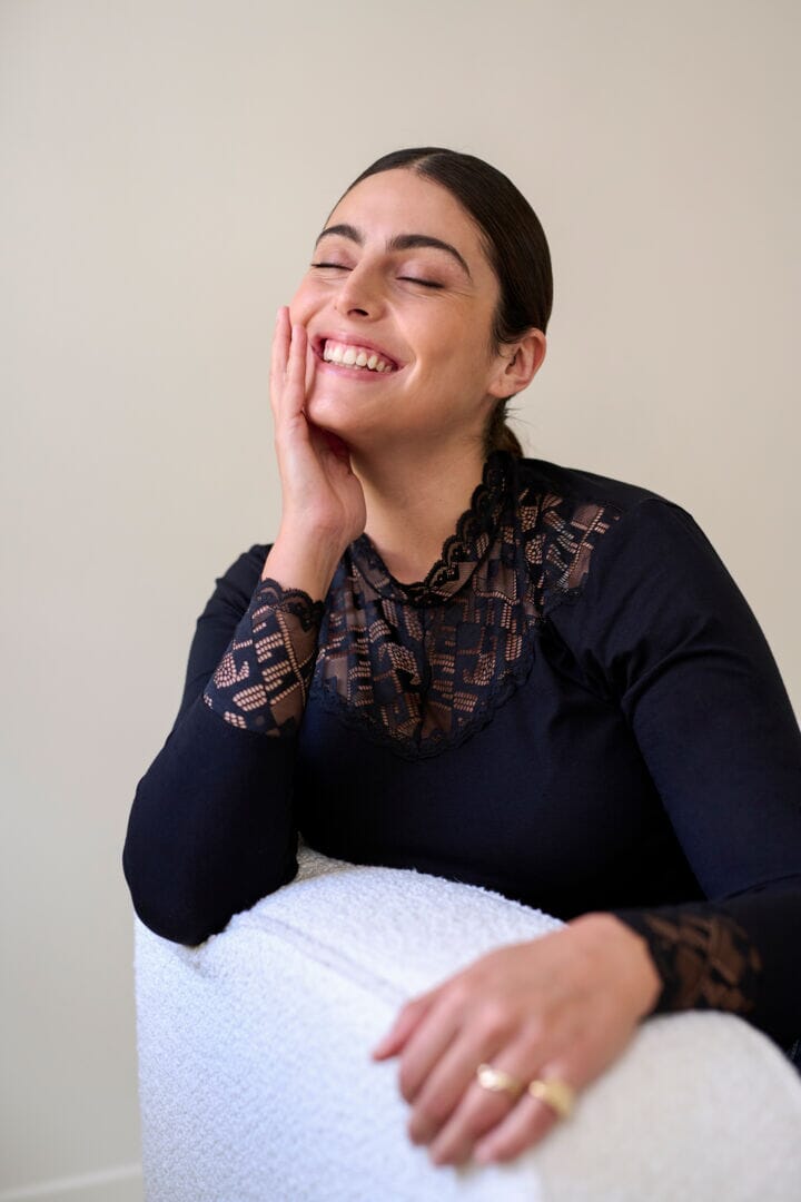 LACE EMBELLISHED BLACK LONG SLEEVE TOP