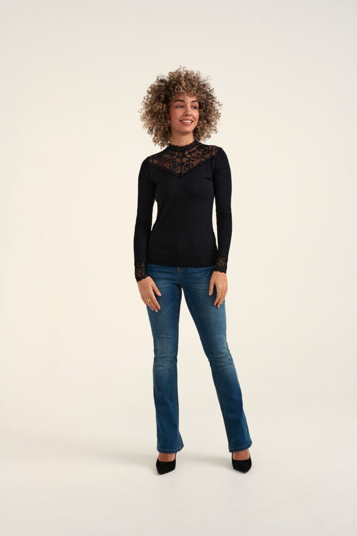 LACE EMBELLISHED BLACK LONG SLEEVE TOP