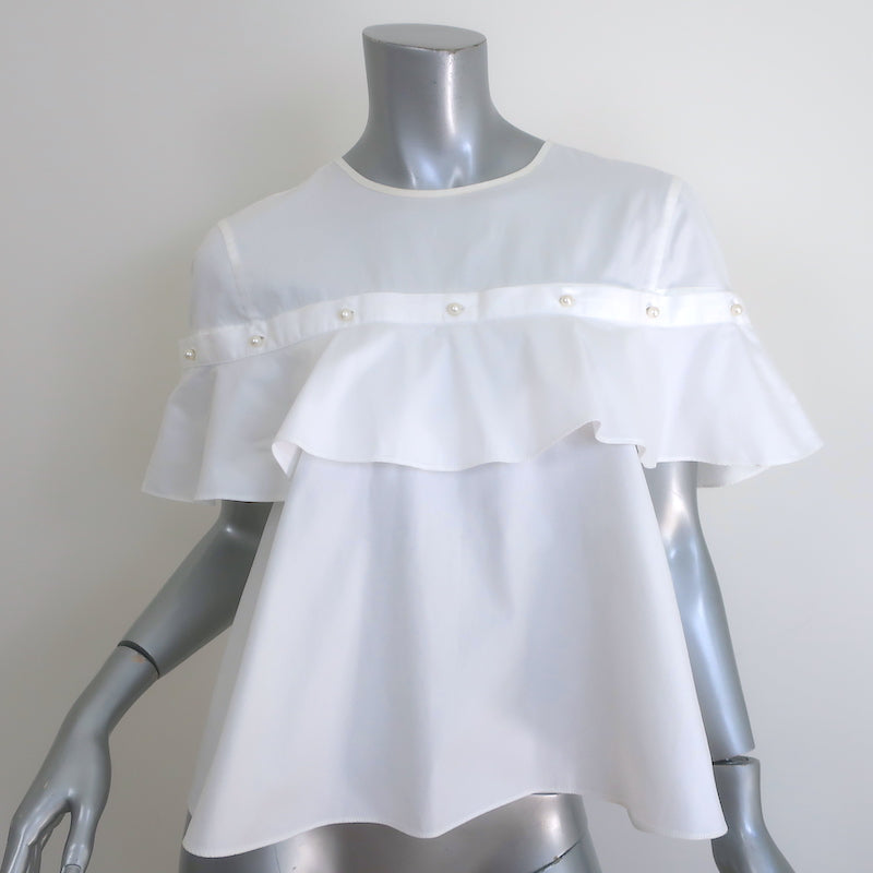 Jonathan Simkhai Faux Pearl-Embellished Ruffle Top White Cotton Size Small