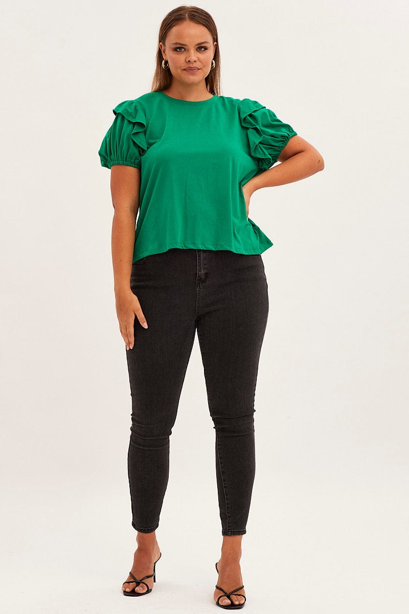 Green Jersey Top Short Frill Sleeve