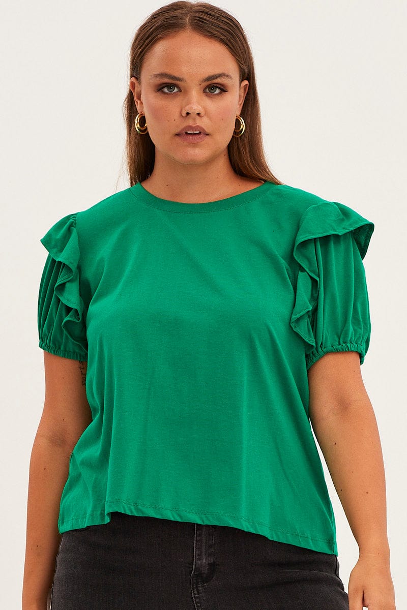 Green Jersey Top Short Frill Sleeve