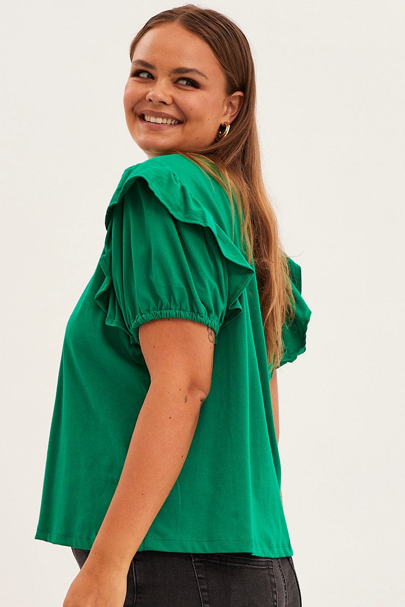 Green Jersey Top Short Frill Sleeve