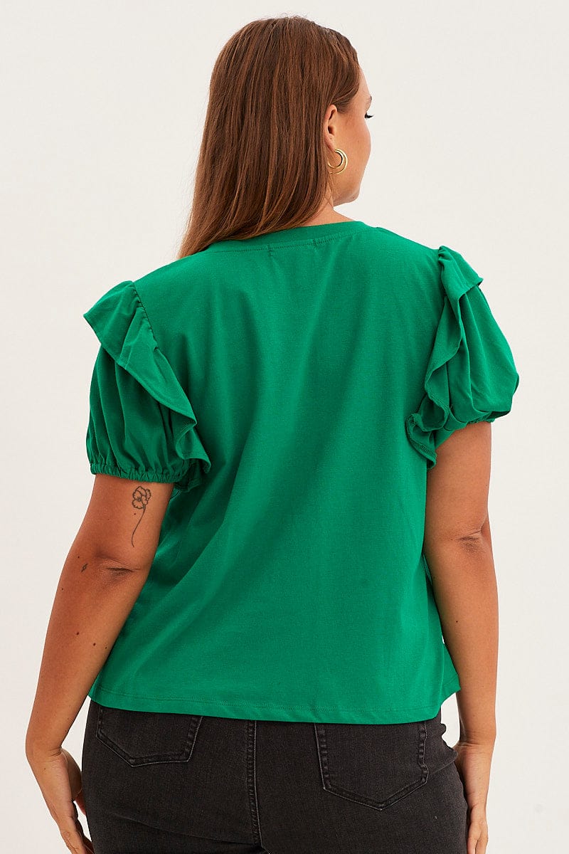 Green Jersey Top Short Frill Sleeve