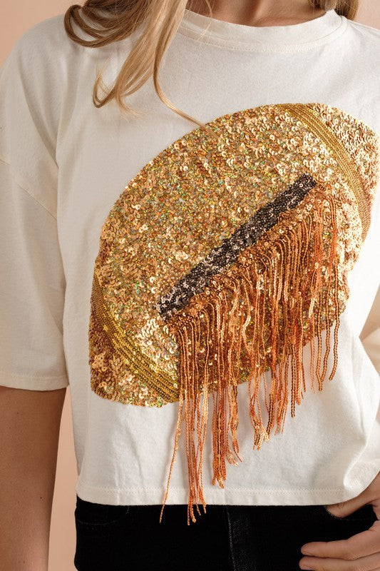 Cream Embellished Sequin Football Fringe Crop T Shirt